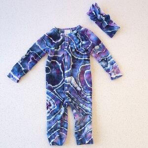Vibrant Blue and Purple Tie Dye Kids Footie with Headband Matching Set